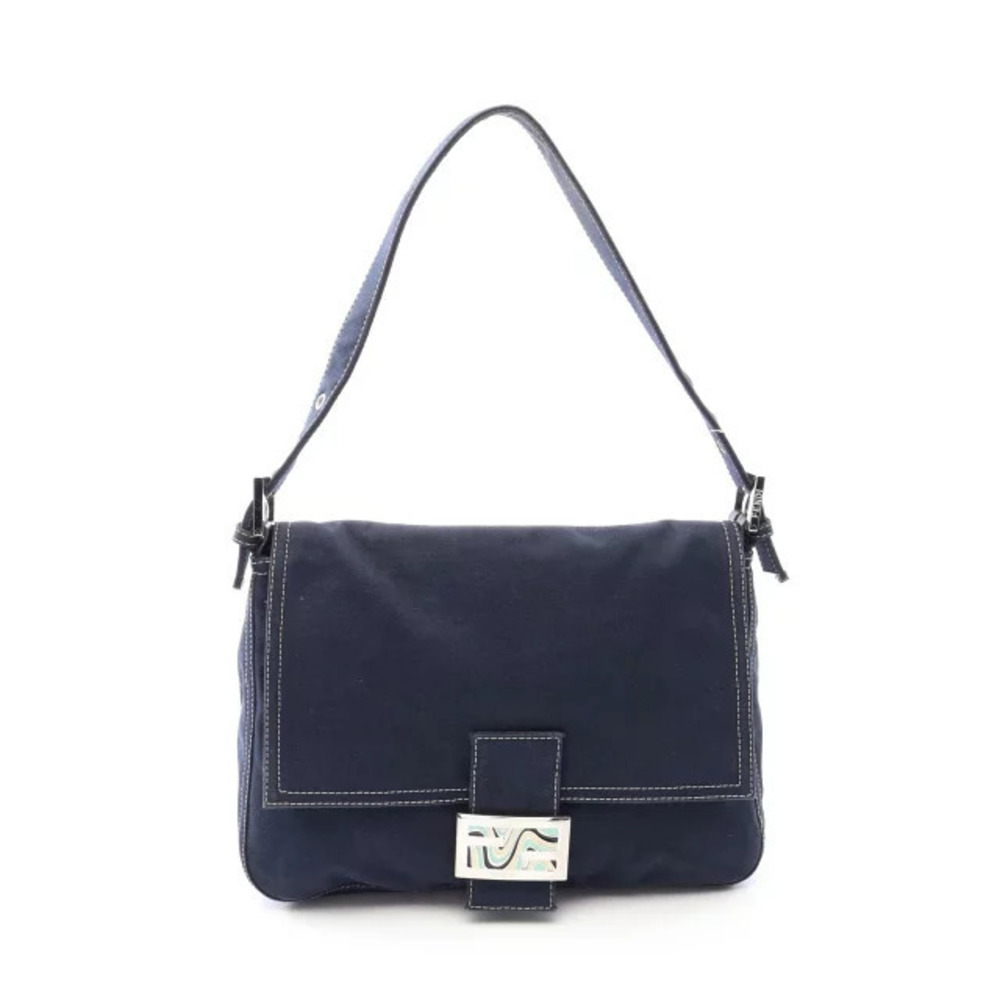 Fendi Mamma Bucket Shoulder Bag Canvas Leather Navy Blue